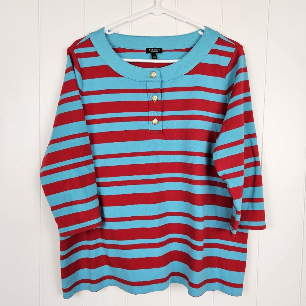 Talbots 2xp 3/4 Sleeve Blouse Blue Red Striped Gold Button Pima Cotton Turquoise